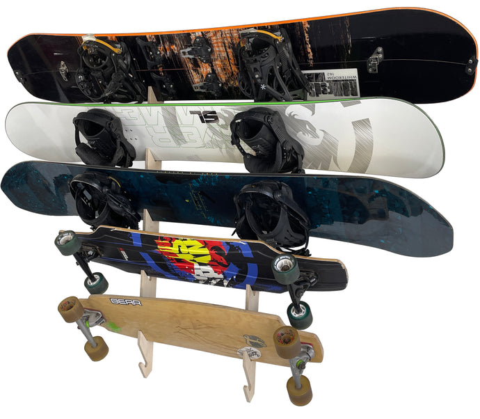 slotted skateboard and longboard wall storage and display rack